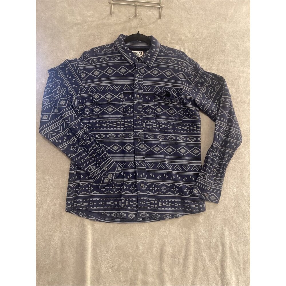 NWOT Ariat Long Sleeve Button-Up Shirt Blue/Silver Men's M Western Tribal Print